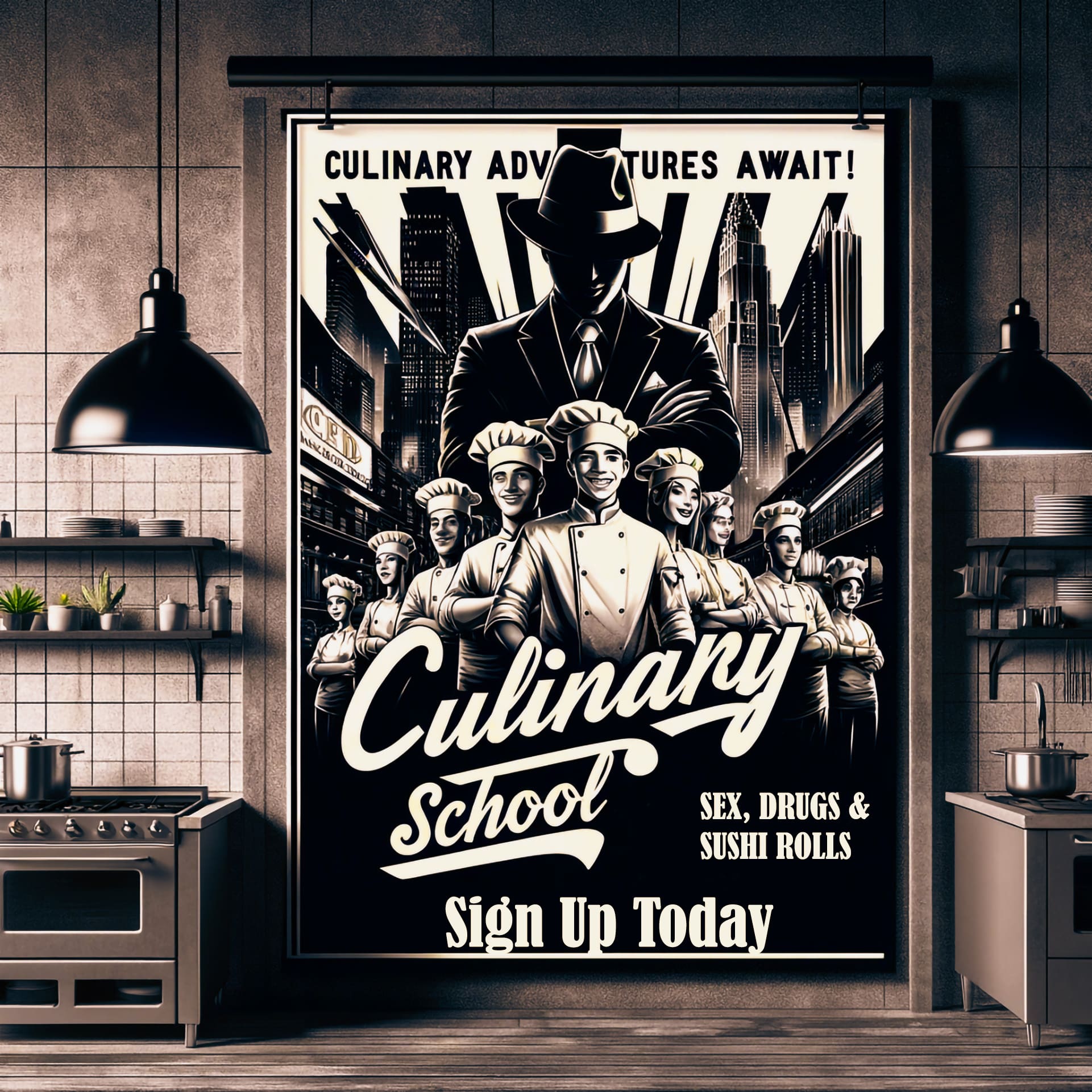 Vintage-style 'Culinary School' poster with a chef and students, representing the formal education path in cooking
