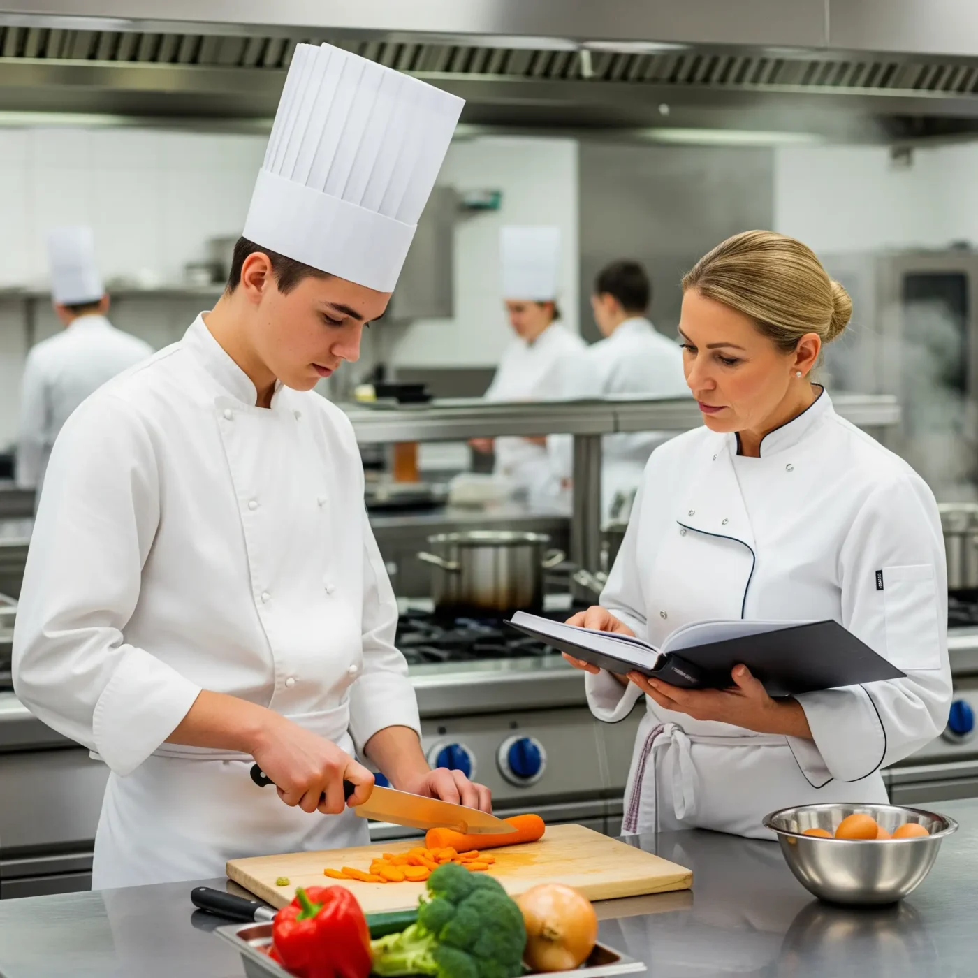 Culinary School Training: Student and Instructor in Kitchen