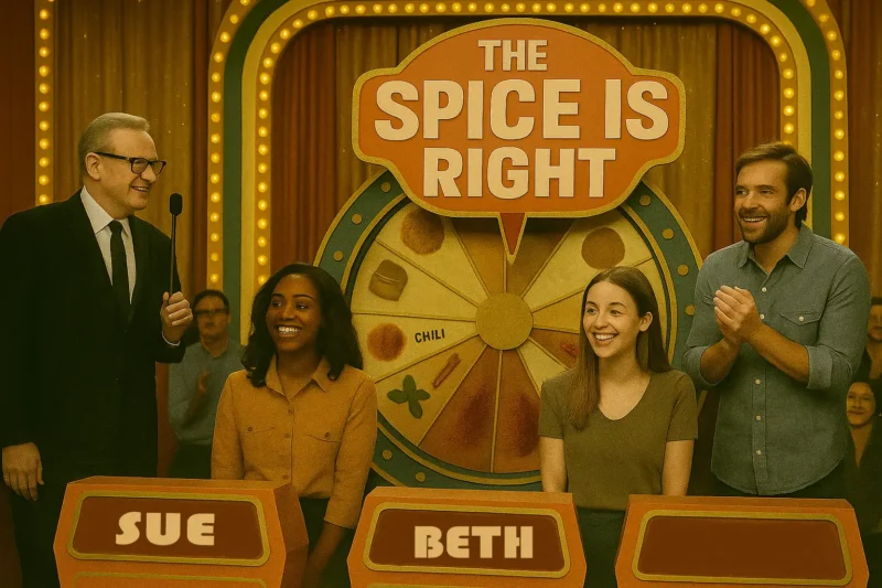 Retro-style game show set titled “The Spice Is Right,” featuring contestants and a large spinning wheel with spices like curry and garlic.
