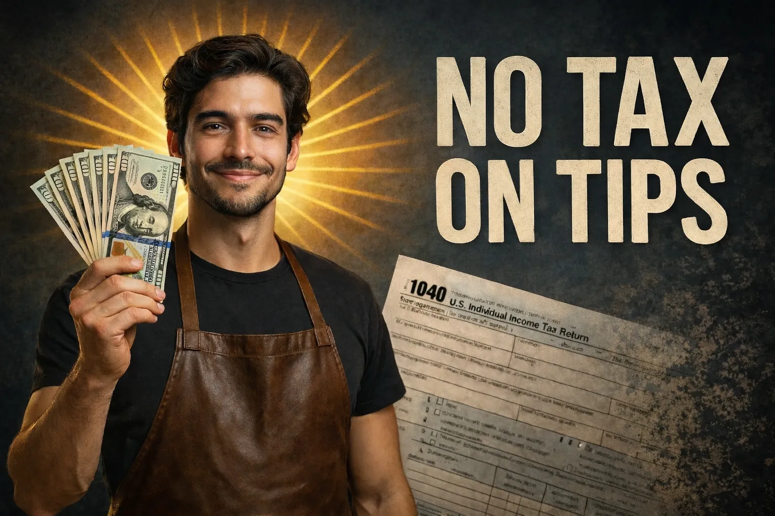 Waiter in apron holding a tip receipt and IRS Form 1040 stamped with "No Tax on Tips" in front of U.S. Capitol and money background — representing tax deduction changes for tipped workers in the food and beverage industry.