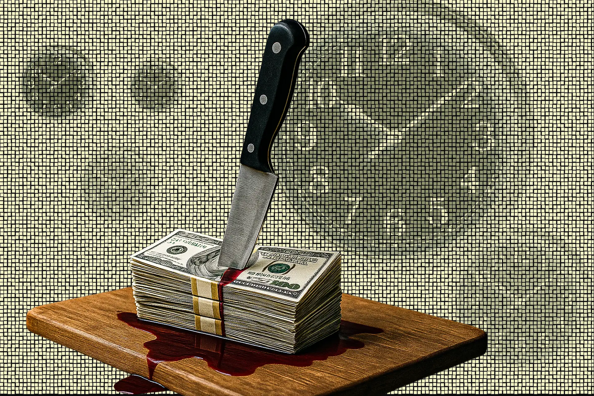 A knife plunged into a stack of money on a cutting board, symbolizing the destructive impact of financial struggles and lost savings