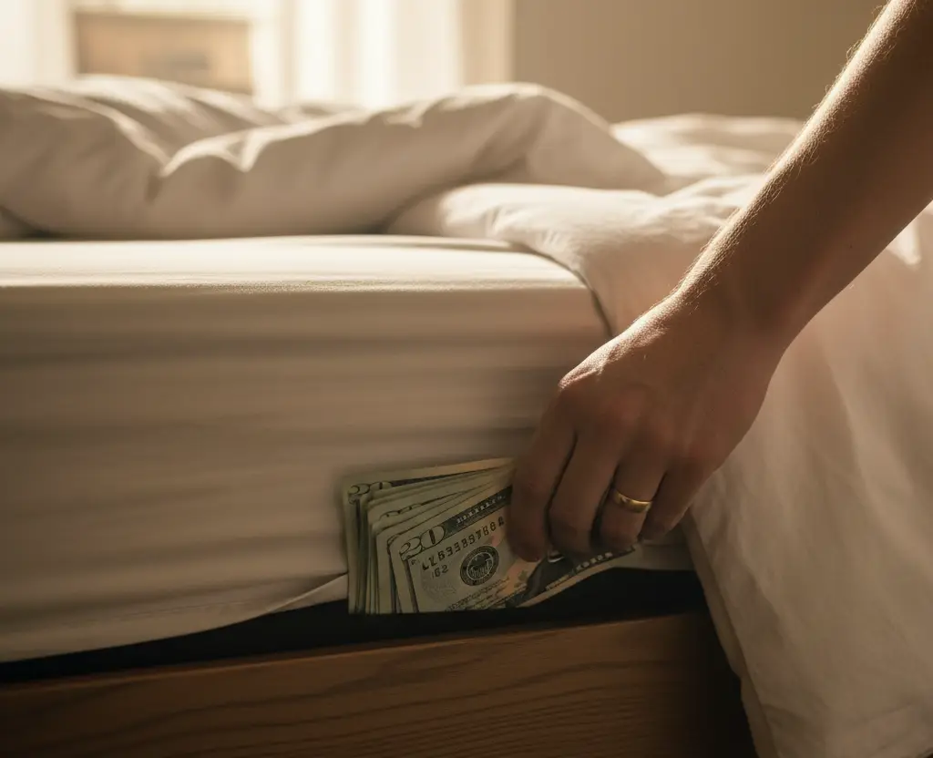 Food and beverage worker saving money by hiding cash in a mattress