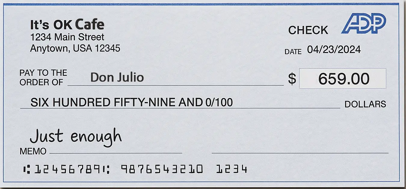 Paycheck from Ackles It’s OK Café with memo line ‘Just Enough,’ symbolizing food and beverage workers living paycheck to paycheck and struggling with retirement planning