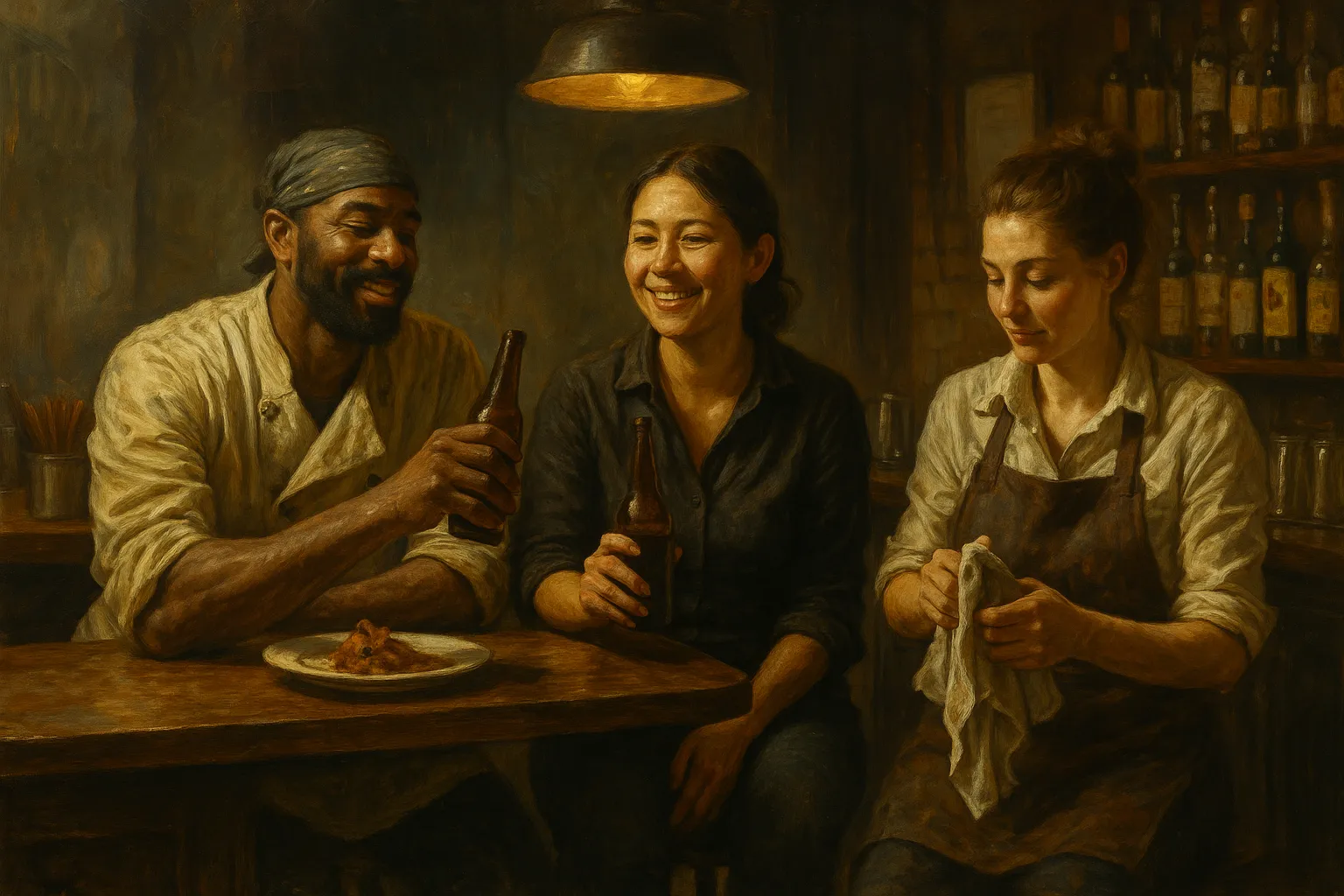 Classic oil painting of tired food and beverage workers at the end of a long service industry shift. A cook and server drink beer at the bar as the bartender cleans up, symbolizing restaurant community and dedication