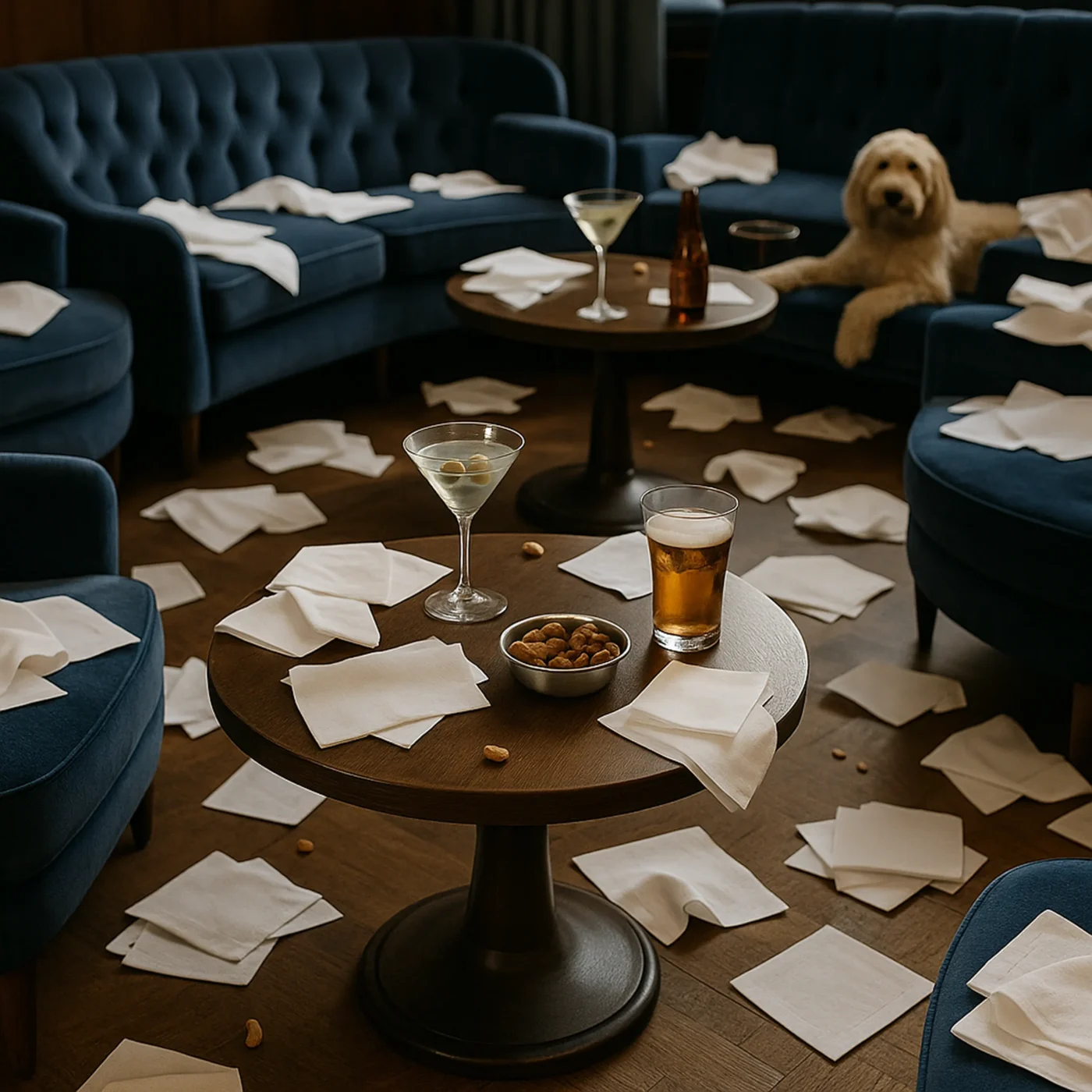 Alt Text: A satirical photo showing a luxury lounge interior with blue velvet couches and several small wooden tables cluttered with dozens of white cloth napkins scattered everywhere. A martini glass, a beer, and a small bowl of nuts sit on the central table. A calm golden doodle dog is lying on a couch in the background, surrounded by more napkins, emphasizing the ridiculous excess of linen required by Forbes travel standards.