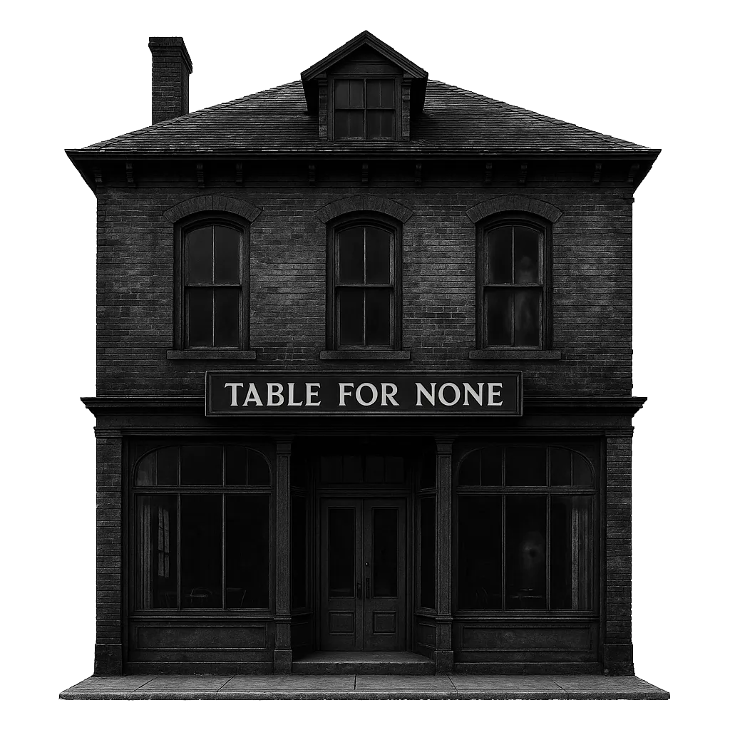 Vintage black and white photo of a spooky brick building with the sign 'Table for None.'