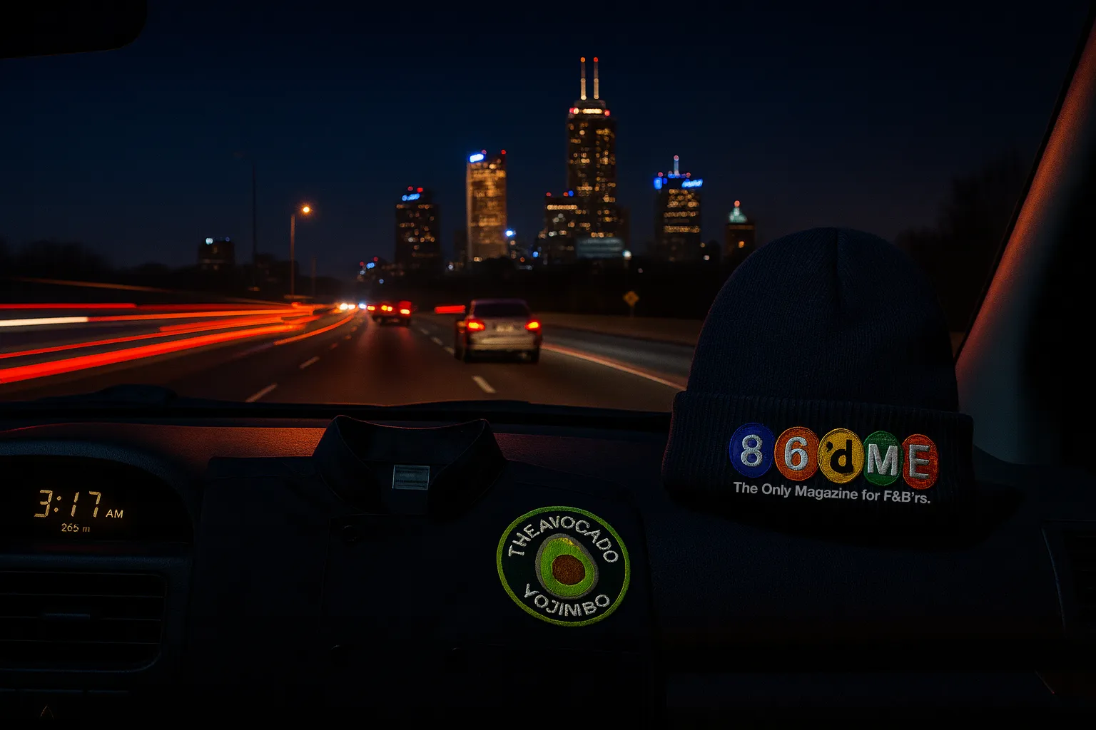 Chef Bryan Morales' "3:17 to Naptown" road trip image showing the car clock at 3:17 AM, "The Avocado Yojimbo" jacket, and the "86'd me" beanie.