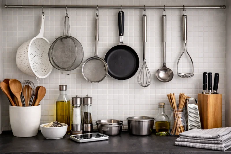 Restaurant kitchen essentials including a skillet, whisk, ladle, spatula, and strainers, displayed as the featured image for a food and beverage crossword
