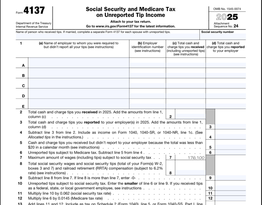 IRS Form 4137 for food and beverage workers to report tips and claim the no tax on tips 2026 deduction.