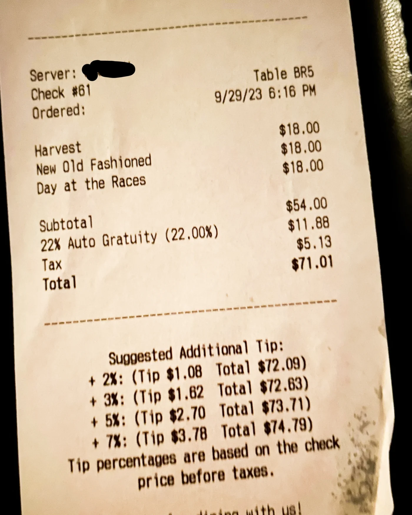 Suggested gratuity on a service industry bill for no tax on tips guide.