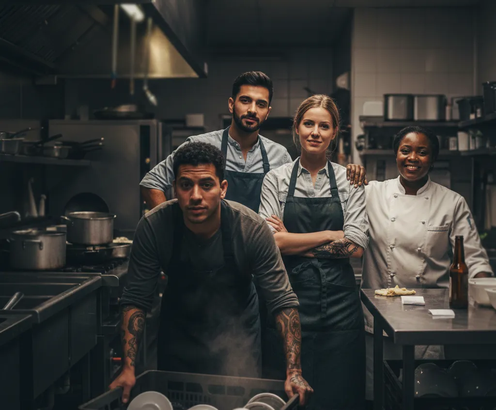 A tired but happy group of restaurant workers, servers, and kitchen staff benefiting from the 2026 no tax on tips roadmap.
