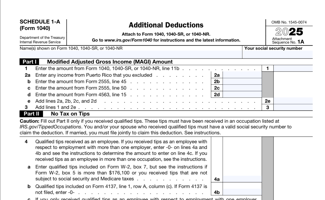 IRS Schedule 1-A form used by food and beverage workers to claim the no tax on tips deduction up to $25,000.