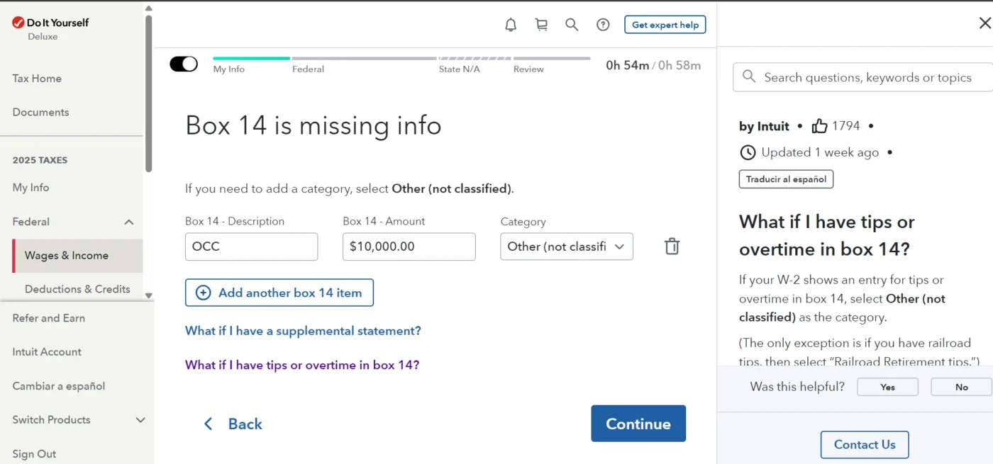 Screenshot of TurboTax 2026 Box 14 section used to report tipped occupation codes for the no tax on tips deduction.