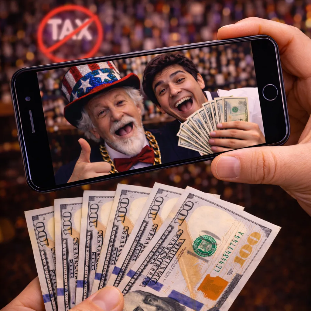Restaurant server holding cash tips with Uncle Sam in a bar, illustrating the No Tax on Tips tax deduction for tipped workers