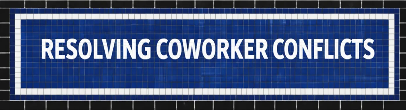 blue and white mosaic sign readin Resoulving coworker Conflicts