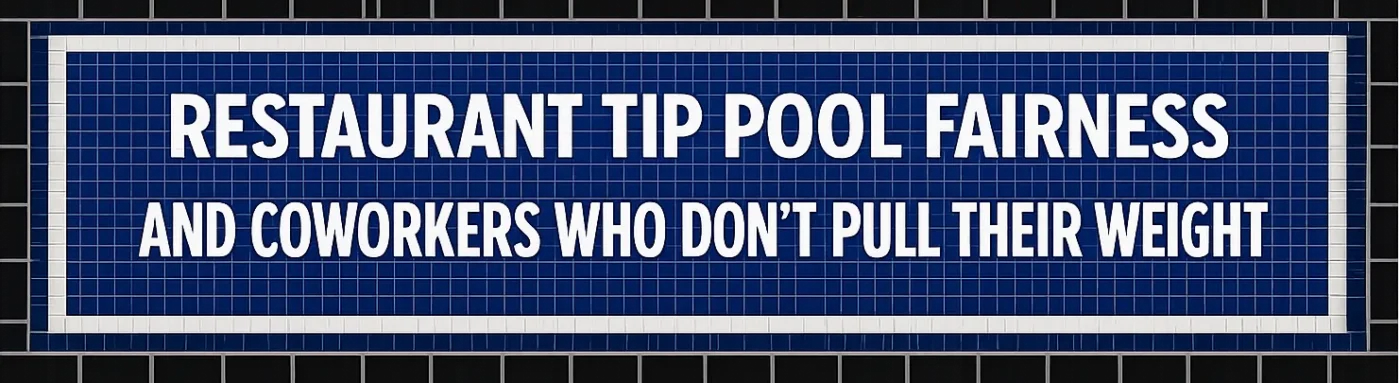 Blue mosaic-style subway sign reading "Restaurant Tip Pool Fairness and Coworkers Who Don't Pull Their Weight.