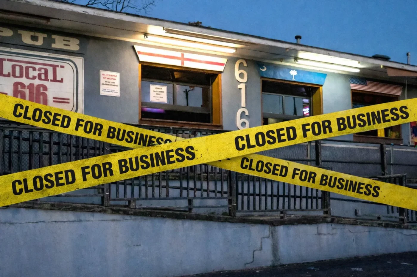 Restaurant closed with “Closed for Business” tape across the building.