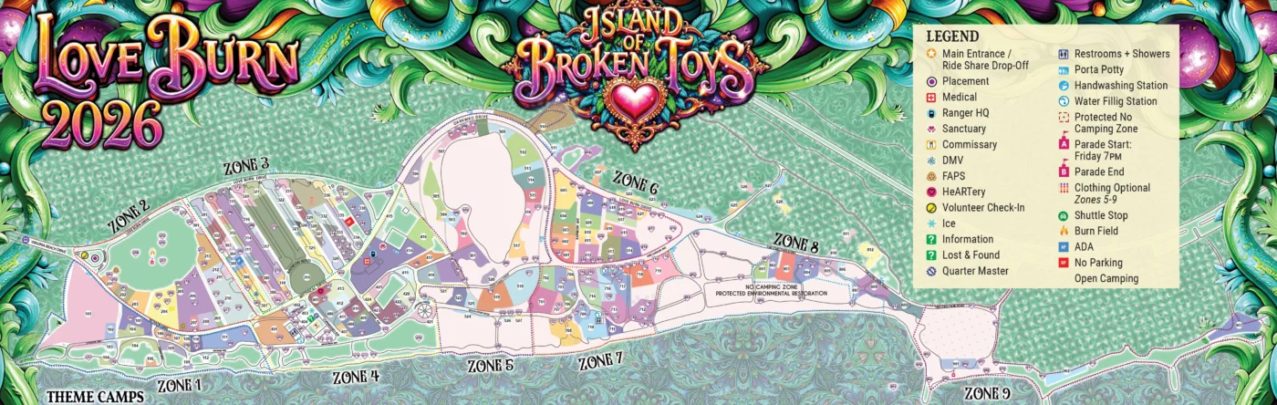 A colorful, detailed site map of Love Burn 2026 "Island of Broken Toys," showing the various zones, theme camp placements, and the overall layout of the temporary city.