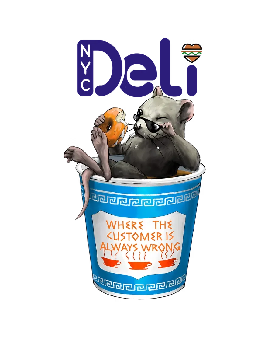 A digital illustration of the NYC Deli theme camp mascot, featuring a cool rat wearing sunglasses lounging inside a classic blue Greek-patterned "Anthora" coffee cup. The rat is eating a bagel, and the cup features the slogan "Where the customer is always wrong" in orange text, set against a clean white background.