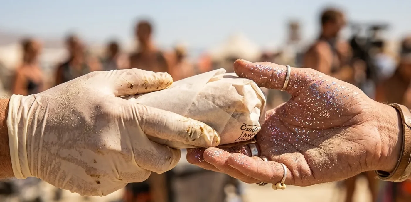 A close-up of a sand-dusted, latex-gloved hand passing a wrapped sandwich to a hand covered in purple glitter and desert dust.