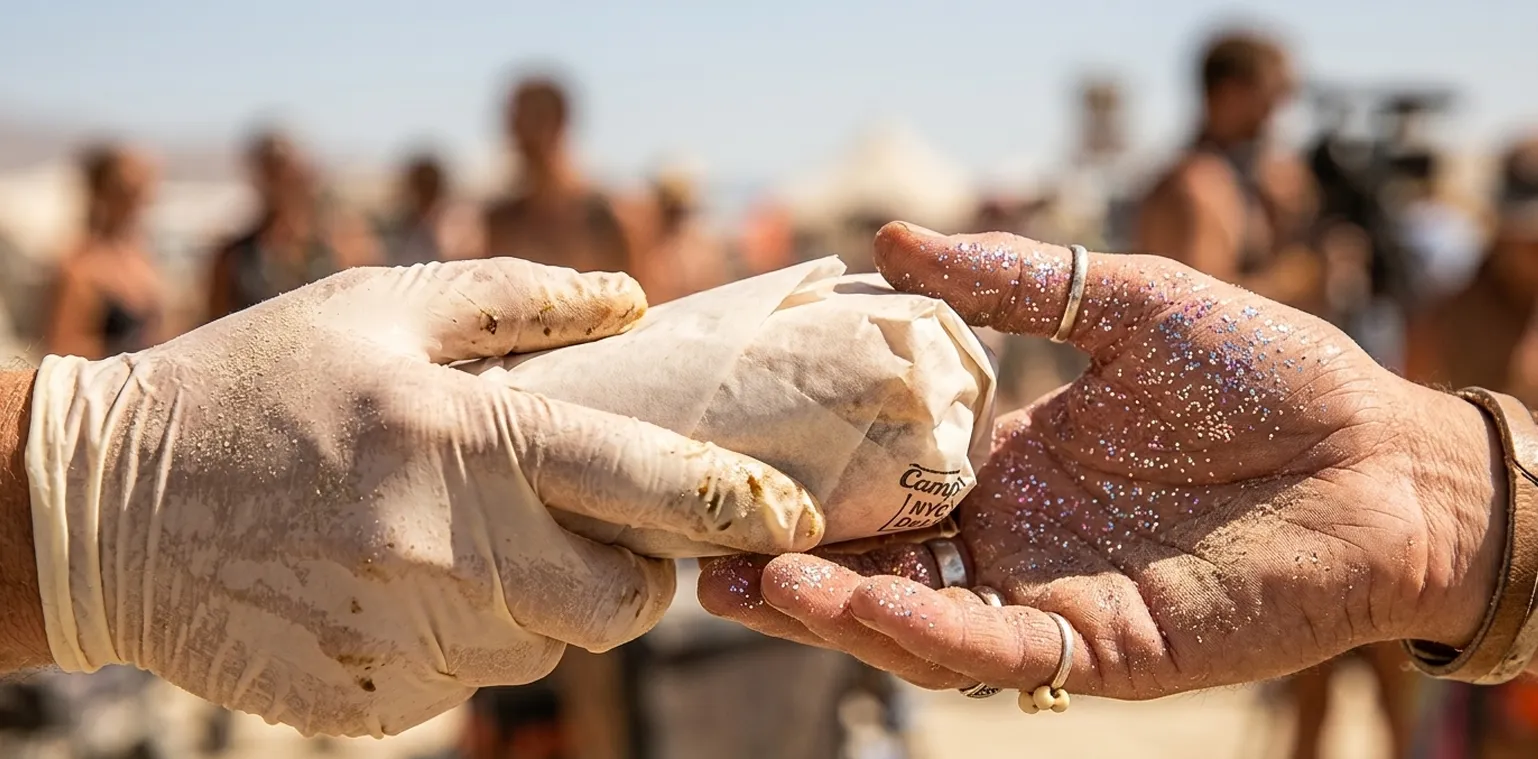 A close-up of a sand-dusted, latex-gloved hand passing a wrapped sandwich to a hand covered in purple glitter and desert dust.