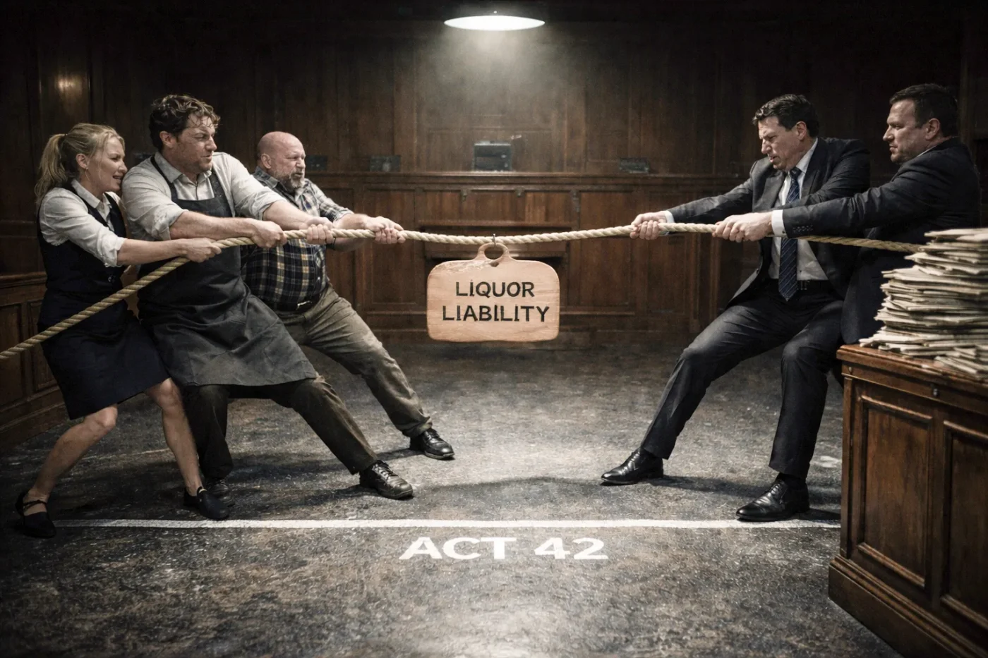 A dramatic courtroom scene showing restaurant workers and corporate lawyers in a tug-of-war over a rope labeled “Liquor Liability,” with “Act 42” marked on the courtroom floor.