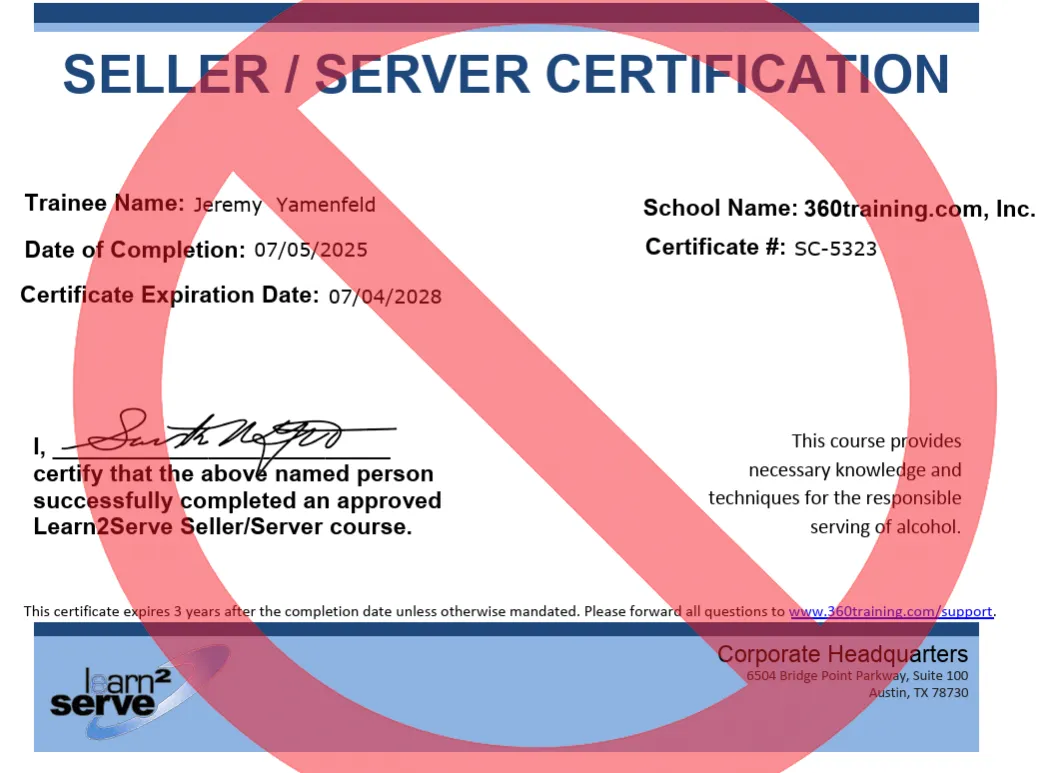A formal ServSafe Food Protection Manager certificate showing successful completion of the course, used as evidence of a certification that was later deemed invalid due to a January 18 policy change.