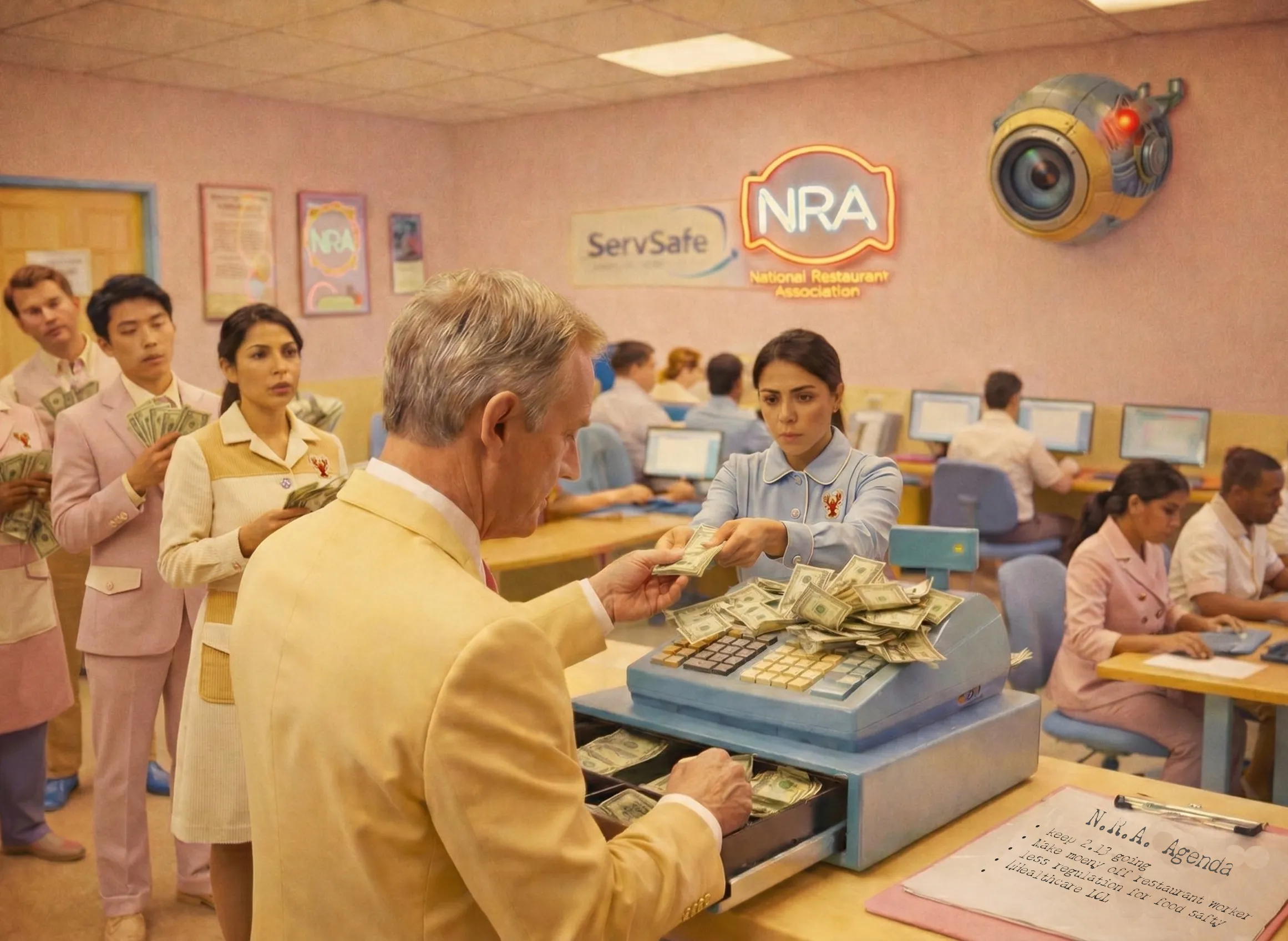 A satirical illustration of restaurant workers in a pink retro office lining up to pay cash for ServSafe and Serve Safe certification at a National Restaurant Association (NRA) register.