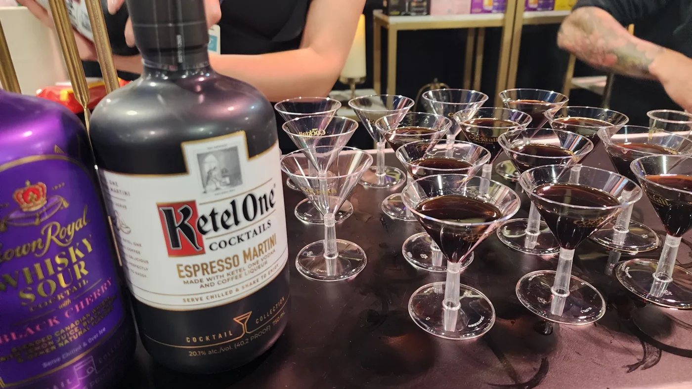 Close-up of Ketel One Espresso Martini samples and Crown Royal Whisky Sour at the Bar and Restaurant Expo.