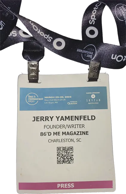 Jerry Yamenfeld's 86'd Me Magazine press pass for the 2026 Bar and Restaurant Expo in Las Vegas.