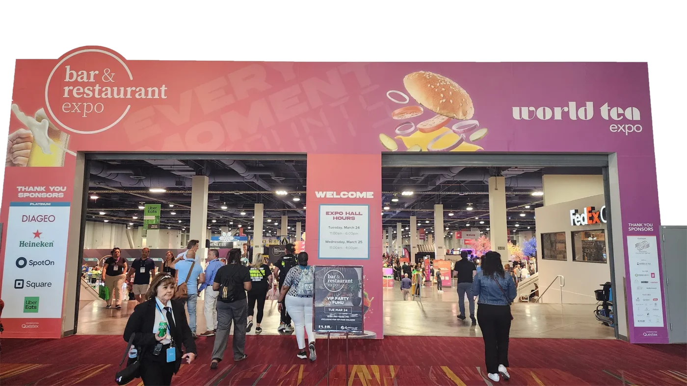 Main entrance to the 2026 Bar and Restaurant Expo and World Tea Expo at the Las Vegas Convention Center, South Hall, featuring 40th anniversary branding and sponsors like Diageo and Heineken.