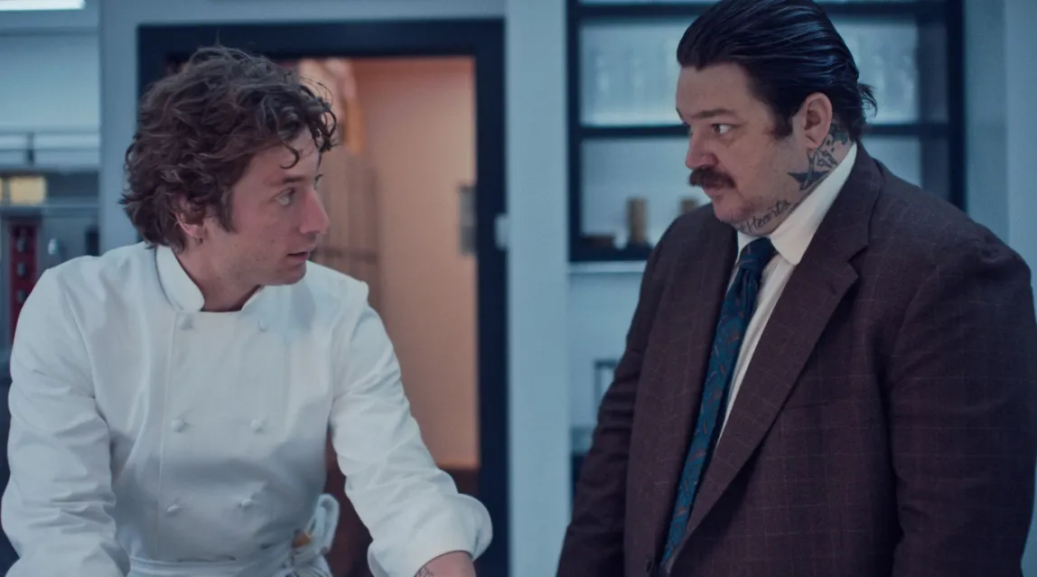 Jeremy Allen White as Carmen "Carmy" Berzatto and Matty Matheson as Neil Fak in a kitchen scene from the FX series The Bear