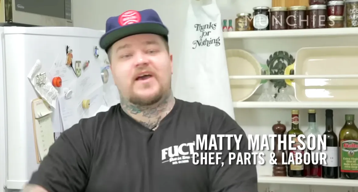 A screenshot from the 2014 Vice Munchies video of Matty Matheson making a $500 cheeseburger, titled Chef, Parts & Labour.