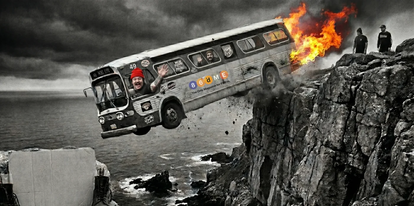 A stylized black and white editorial graphic of Matty Matheson in a red beanie driving a bus with flames shooting out the back as it flies off a cliff over the ocean, with Dr. Martens boots in the foreground