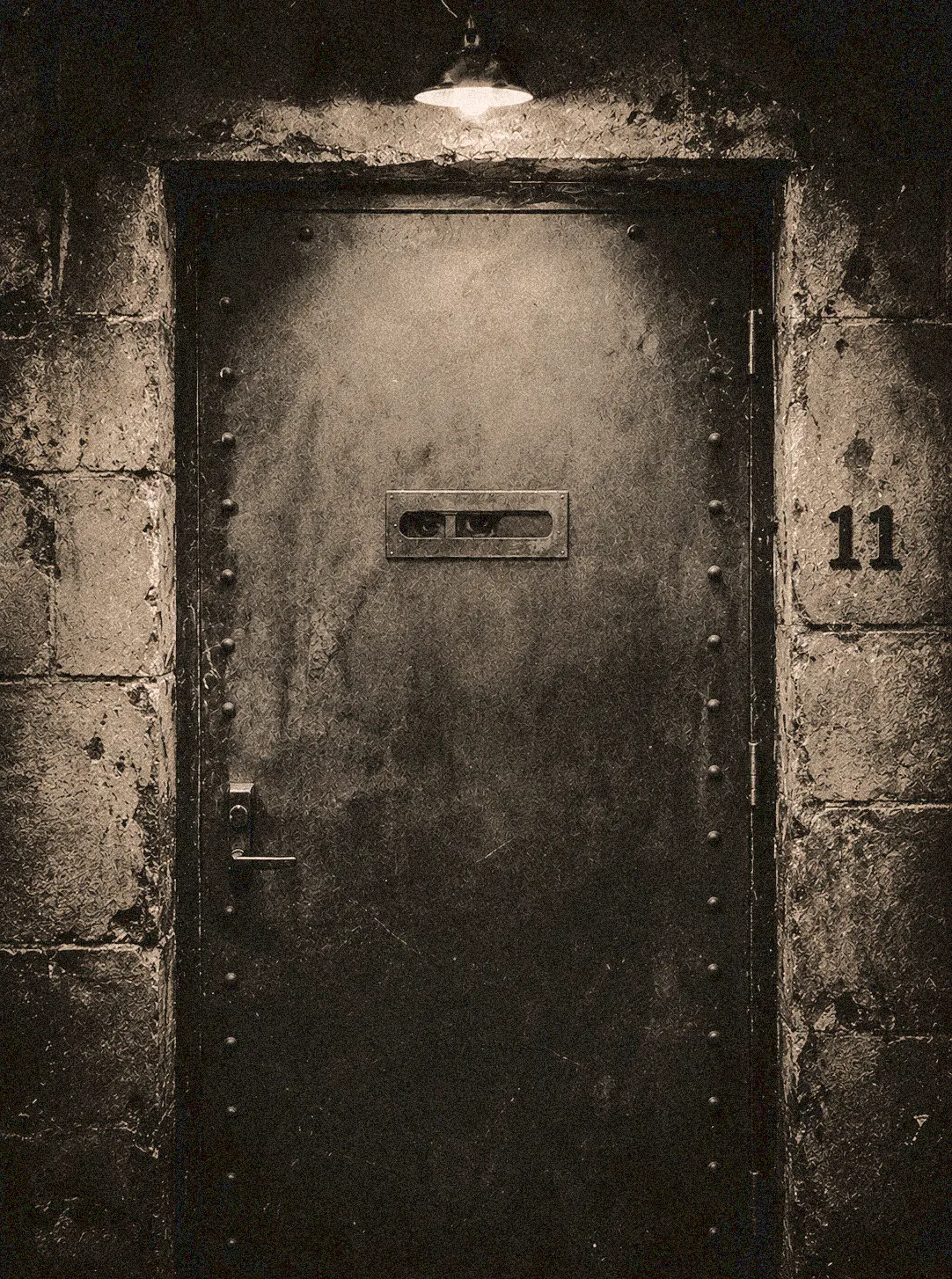 An unmarked, gritty industrial metal speakeasy door with a sliding peephole under a single overhead light, labeled with the number 11 on a stone wall.