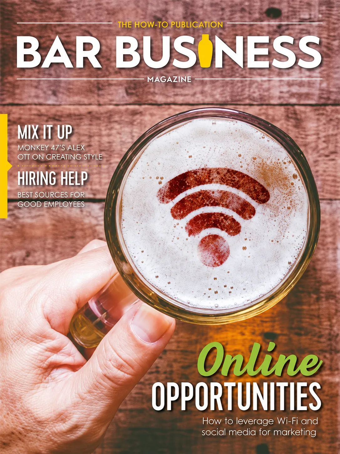 Front cover of Bar Business Magazine featuring a beer glass with a Wi-Fi symbol in the foam, with text reading Online Opportunities
