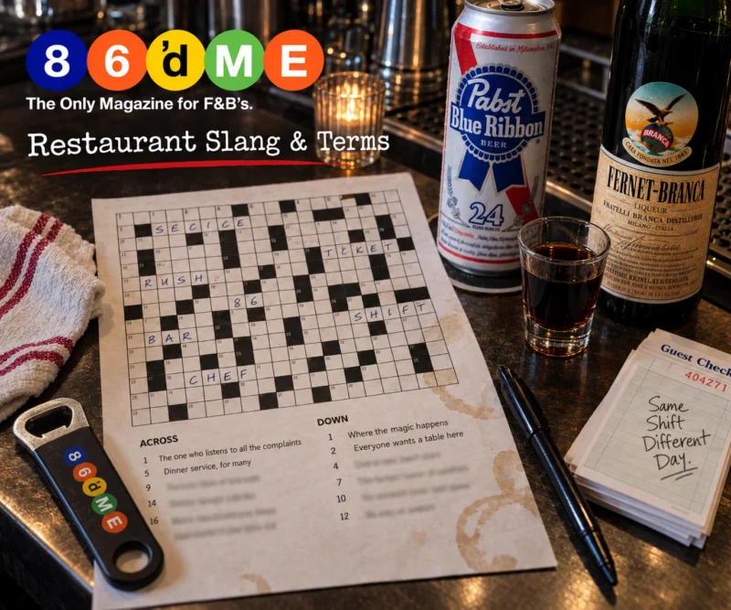 86'd Me Magazine Restaurant Slang & Terms digital crossword puzzle graphic on a bar top alongside a can of Pabst Blue Ribbon, a bottle of Fernet-Branca, and a guest check