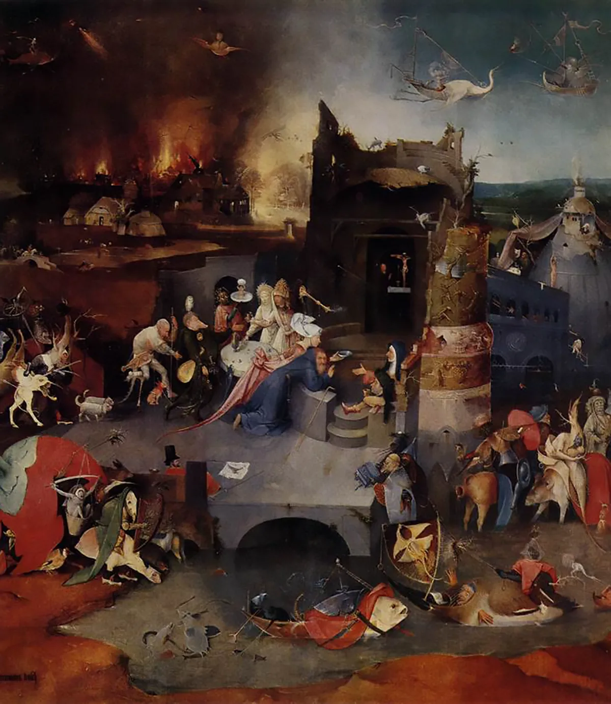 Hieronymus Bosch painting of St. Anthony kneeling beside a table where a woman serves a dish, surrounded by demons, strange creatures and a burning village