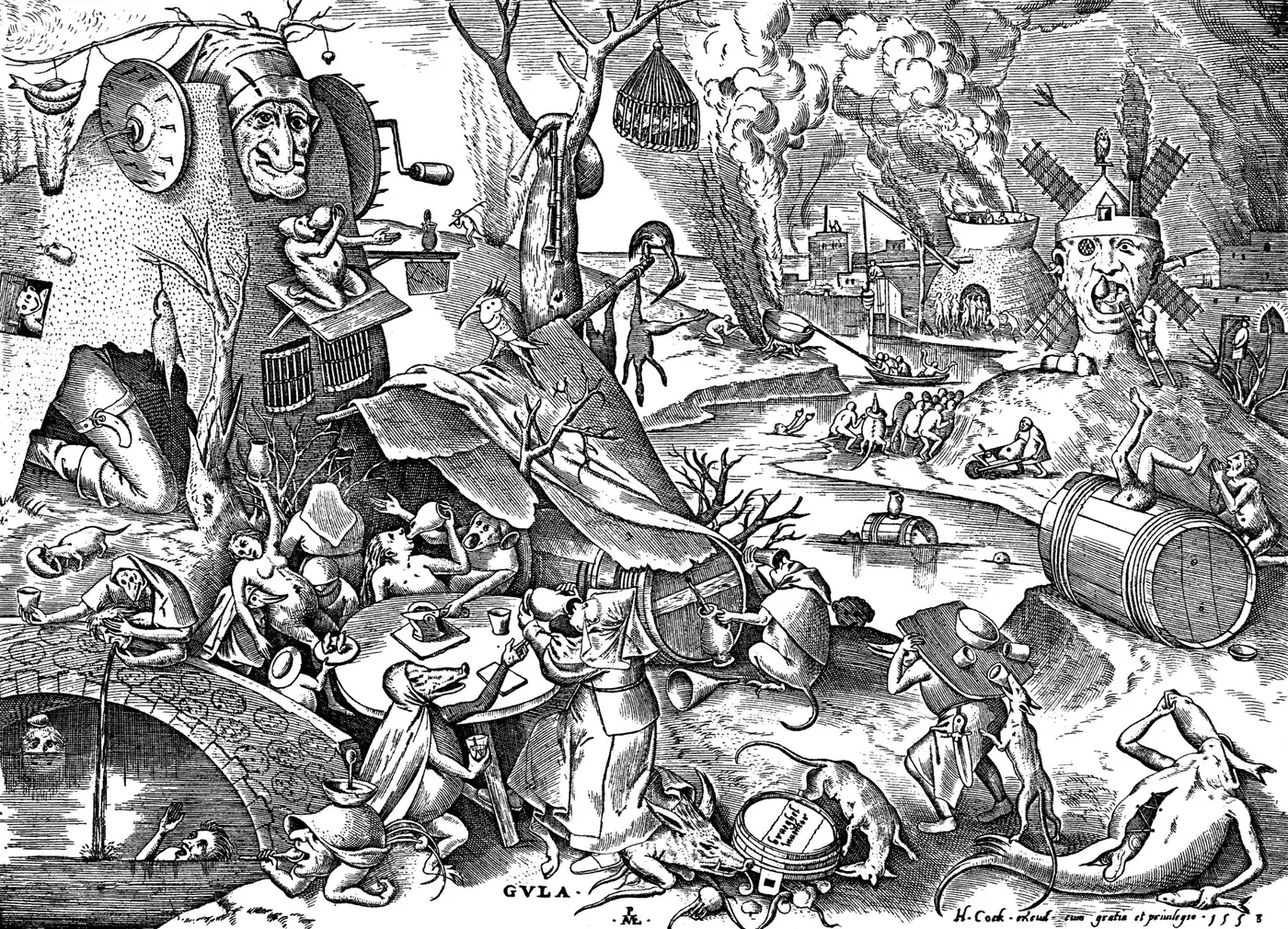 Black and white engraving by Pieter Bruegel the Elder showing people and creatures drinking and feasting around a table, with spilled barrels, a man drinking from a jug and a giant head swallowing food in the background