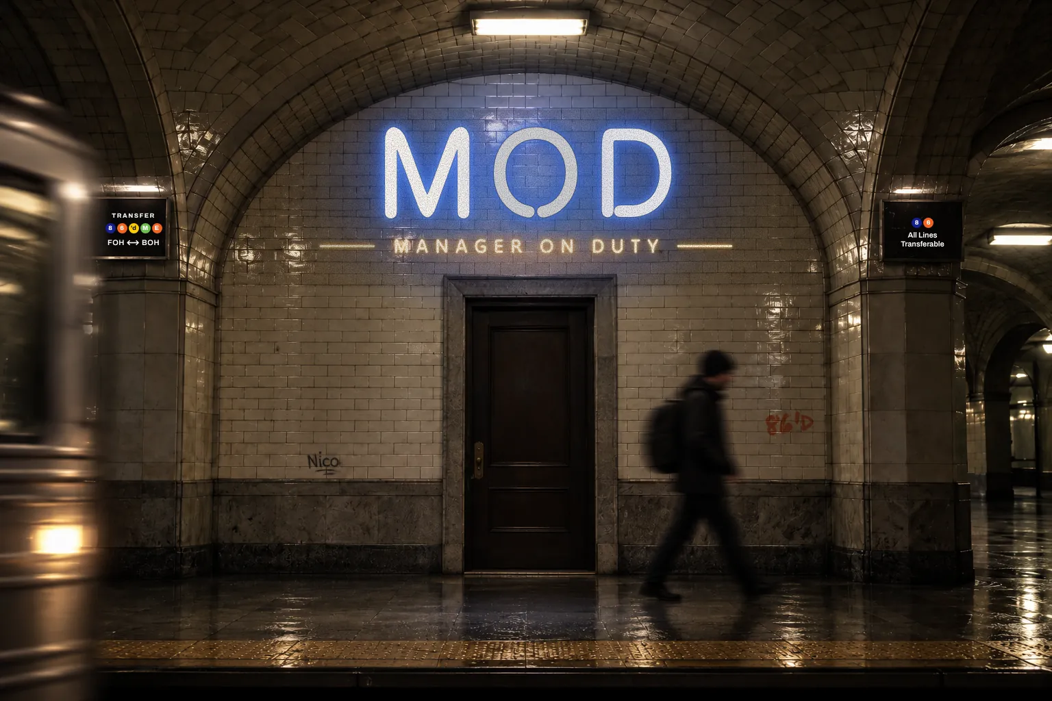 Flickering blue neon MOD Manager on Duty sign above a door in a tiled subway station, for 86'd Me's restaurant management advice column